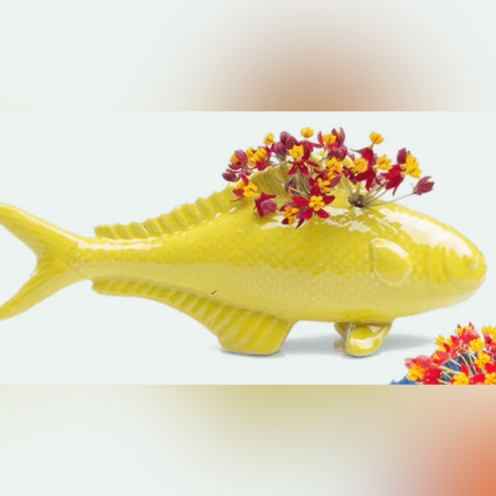 Koi Carp Lemon Yellow Bud Vase Ceramic Fish Flower Frog Incense Holder~chive.com